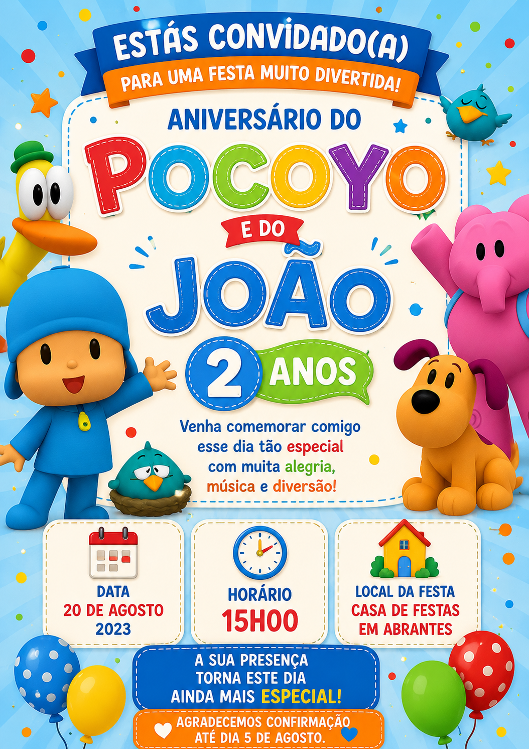 Convites de Aniversário Pocoyo Personalizados