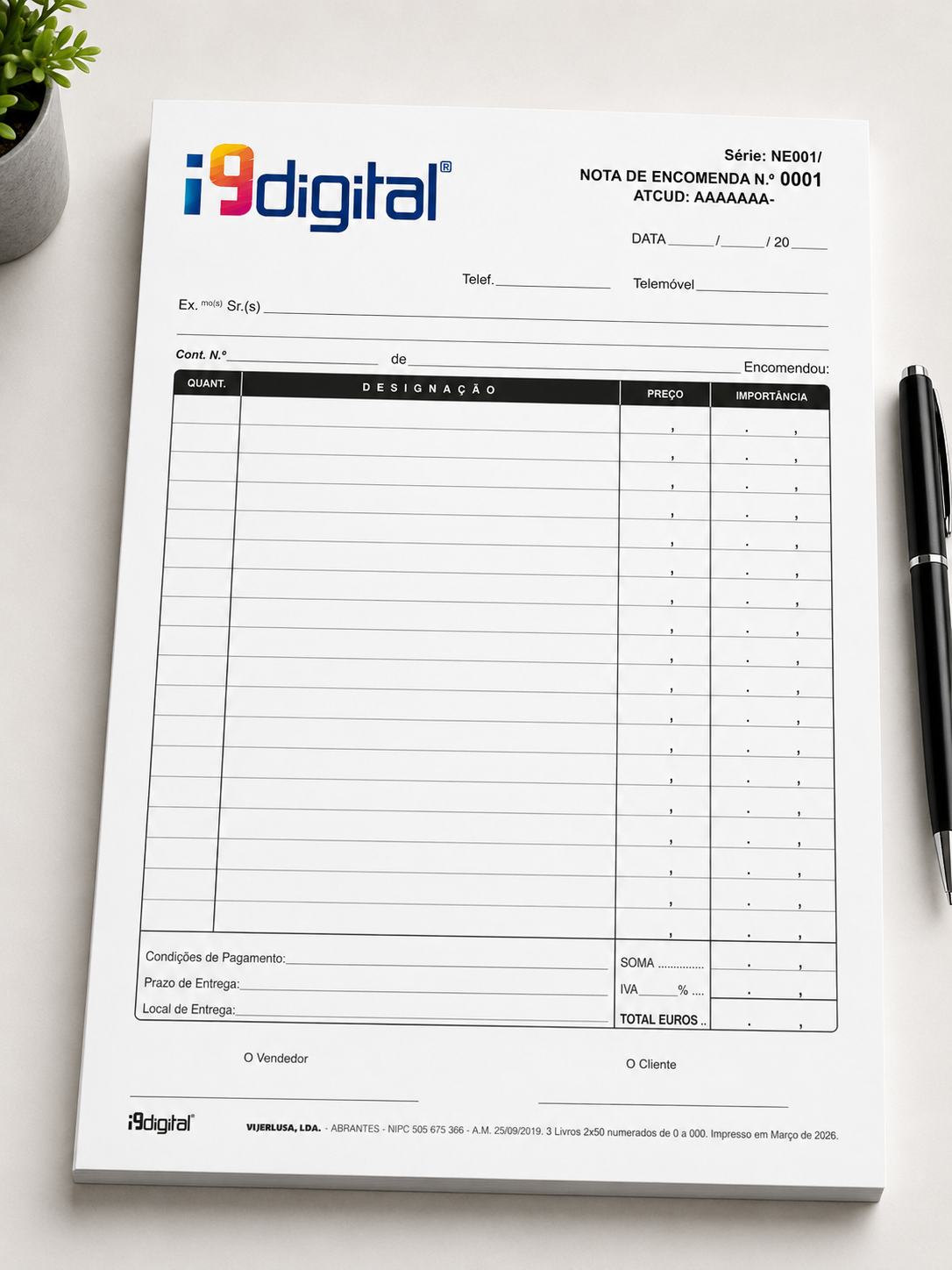 Notas de encomenda personalizadas para empresas