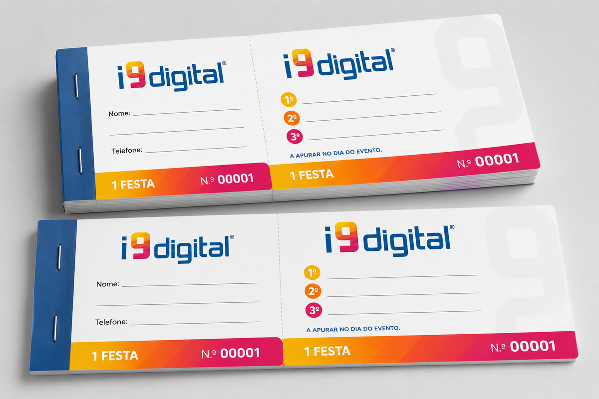 Rifas de sorteio personalizadas com canhoto agrafadas em blocos